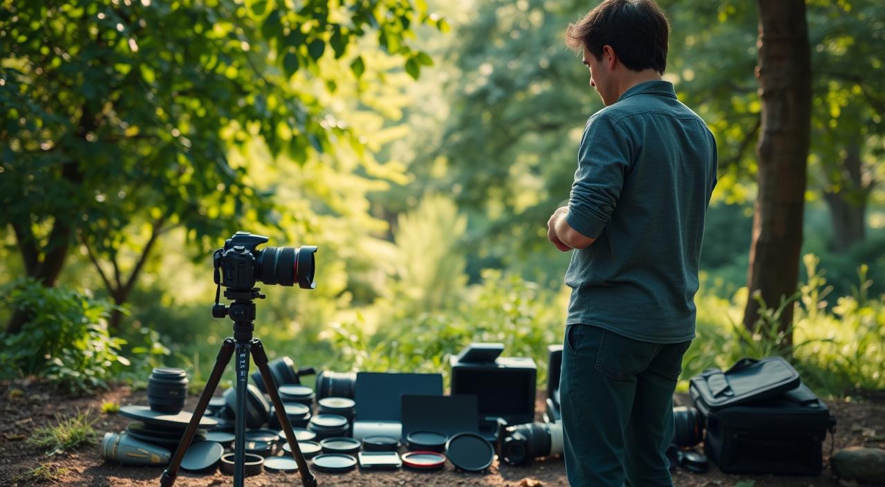 preparação de equipamento para fotografia ao ar livre